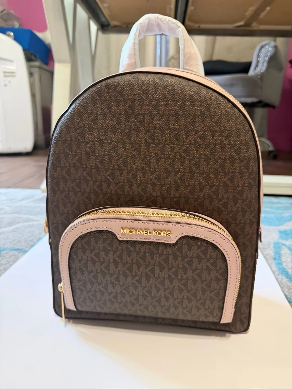 Michael Kors Brown Logo Backpack with Pink Trim